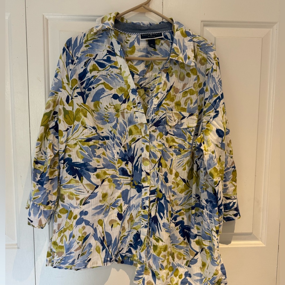Karen Scott Blue and Green Floral Blouse